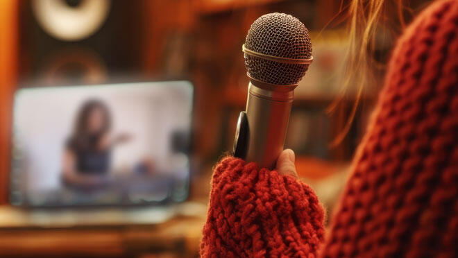 Microfono durante una lezione di canto online con Jessica collegata da remoto