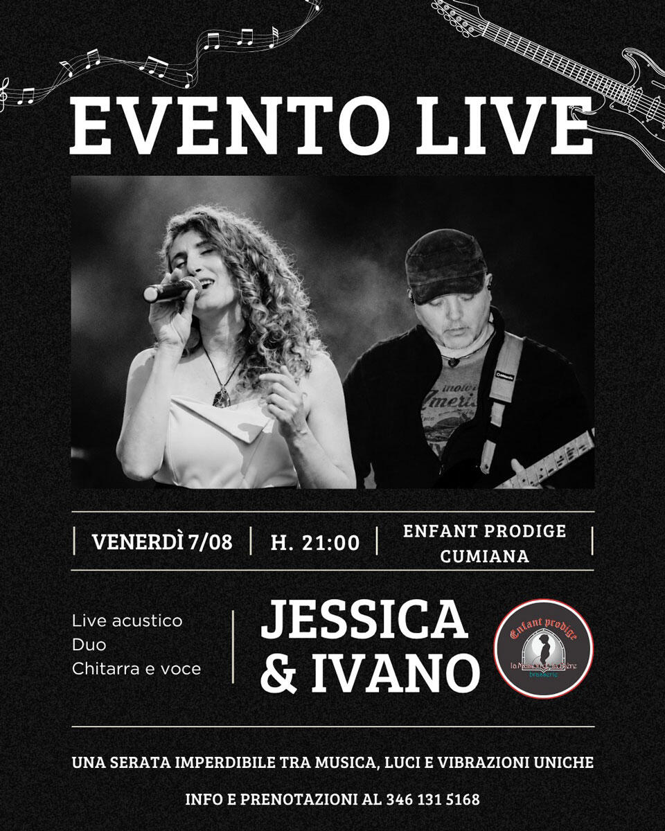 Locandina concerto live acustico Jessica & Ivano, chitarra e voce, all’Enfant Prodige di Cumiana
