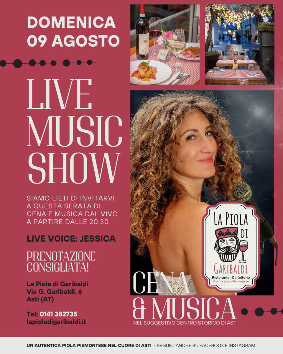 Locandina concerto di Jessica Mazzoccoli con musica dal vivo alla Piola di Garibaldi di Asti